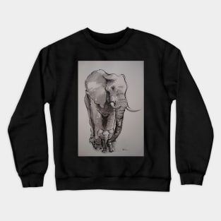 Mama Elephant & Baby - ink wash painting on vintage paper Crewneck Sweatshirt